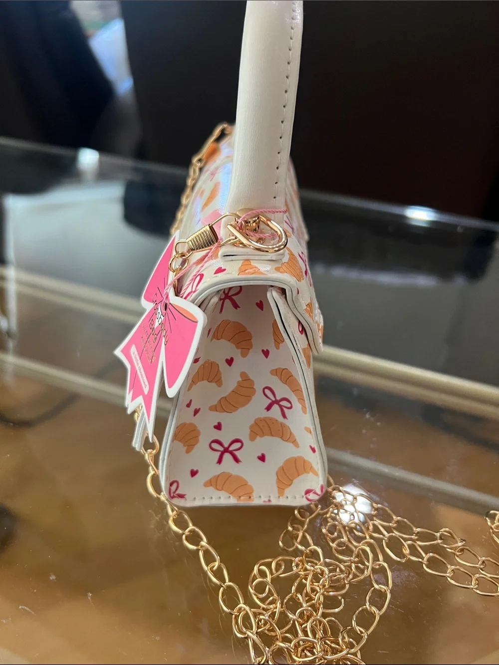 White Croissant Print Kids Mini Handbag with Pink Bow Charm